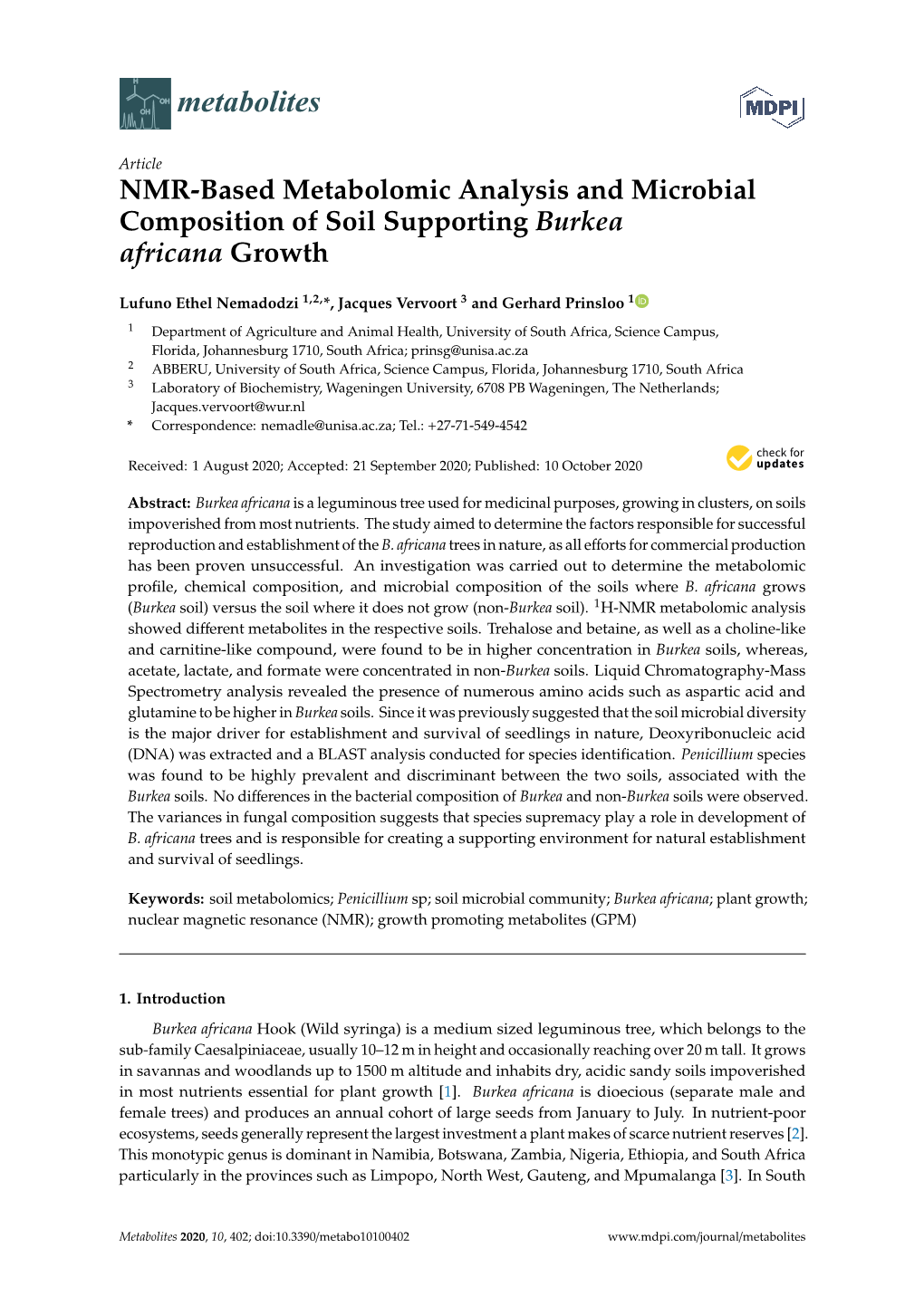 NMR-Based Metabolomic Analysis and Microbial Composition of Soil Supporting Burkea Africana Growth