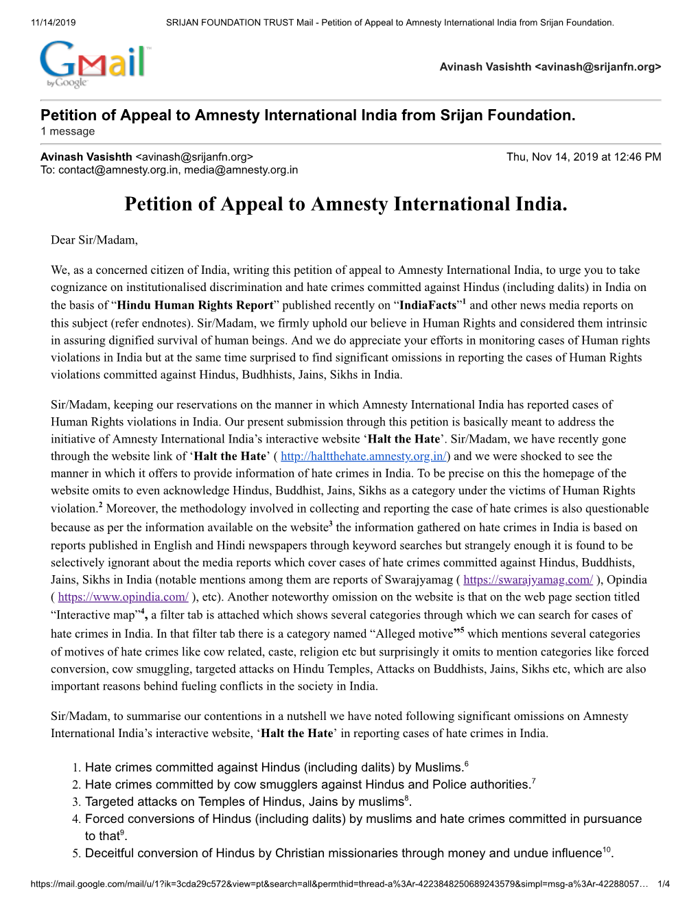 Petition of Appeal to Amnesty International India