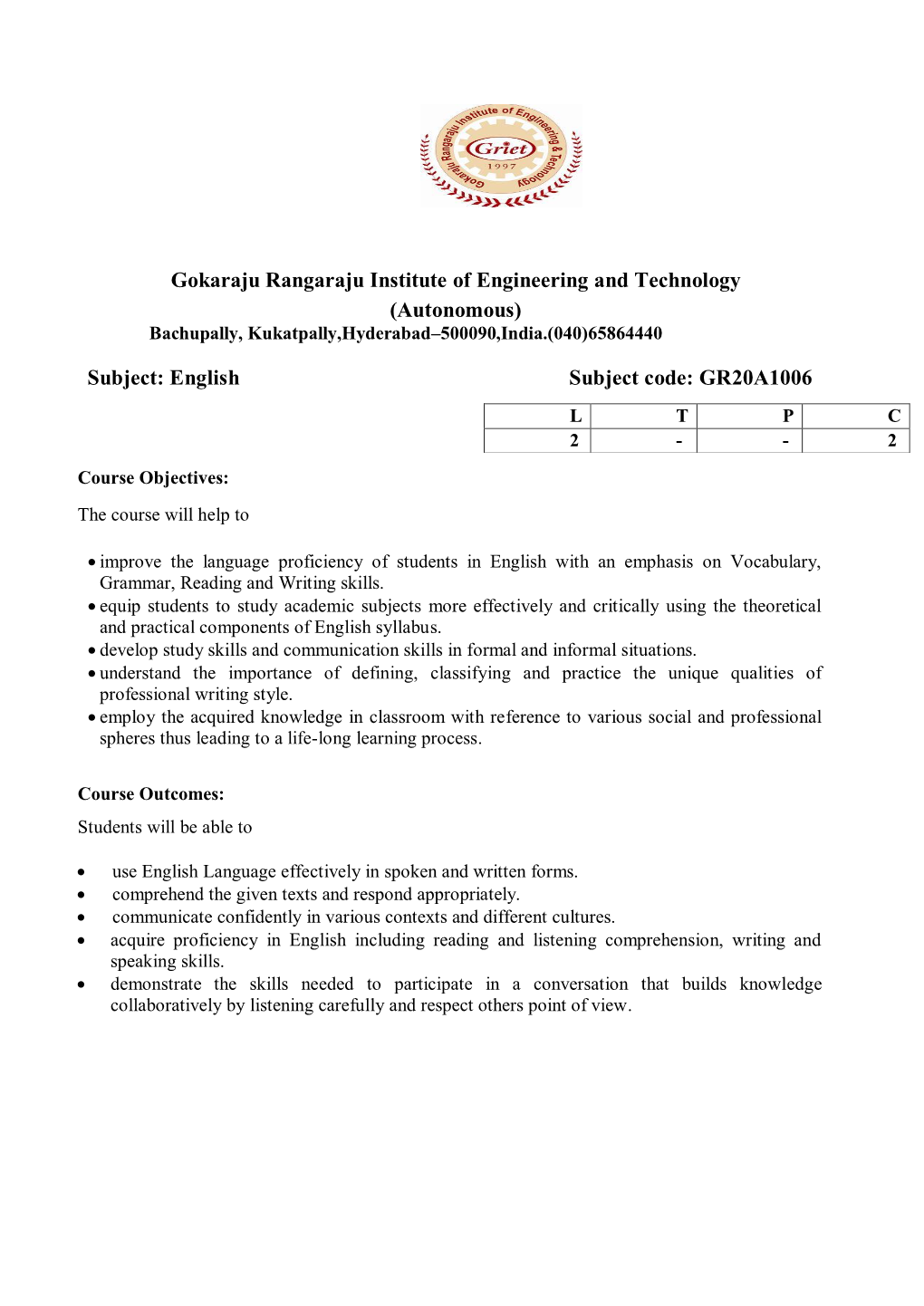 Gokaraju Rangaraju Institute of Engineering and Technology (Autonomous) Bachupally, Kukatpally,Hyderabad–500090,India.(040)65864440