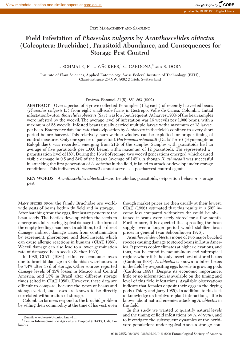 Field Infestation of Phaseolus Vulgaris by Acanthoscelides Obtectus (Coleoptera: Bruchidae), Parasitoid Abundance, and Consequences for Storage Pest Control