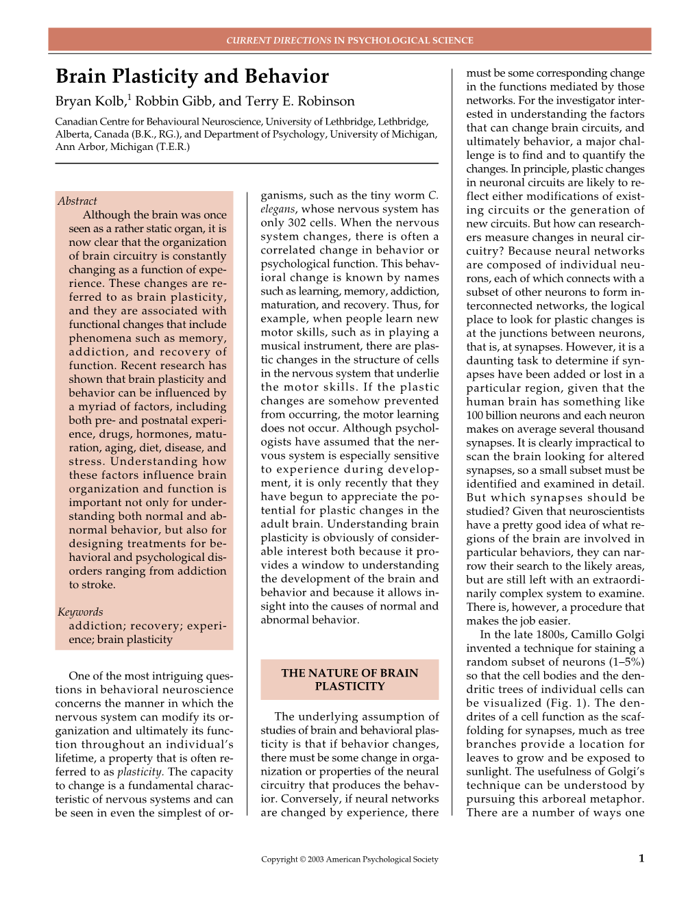 Brain Plasticity and Behavior in the Functions Mediated by Those Bryan Kolb,1 Robbin Gibb, and Terry E