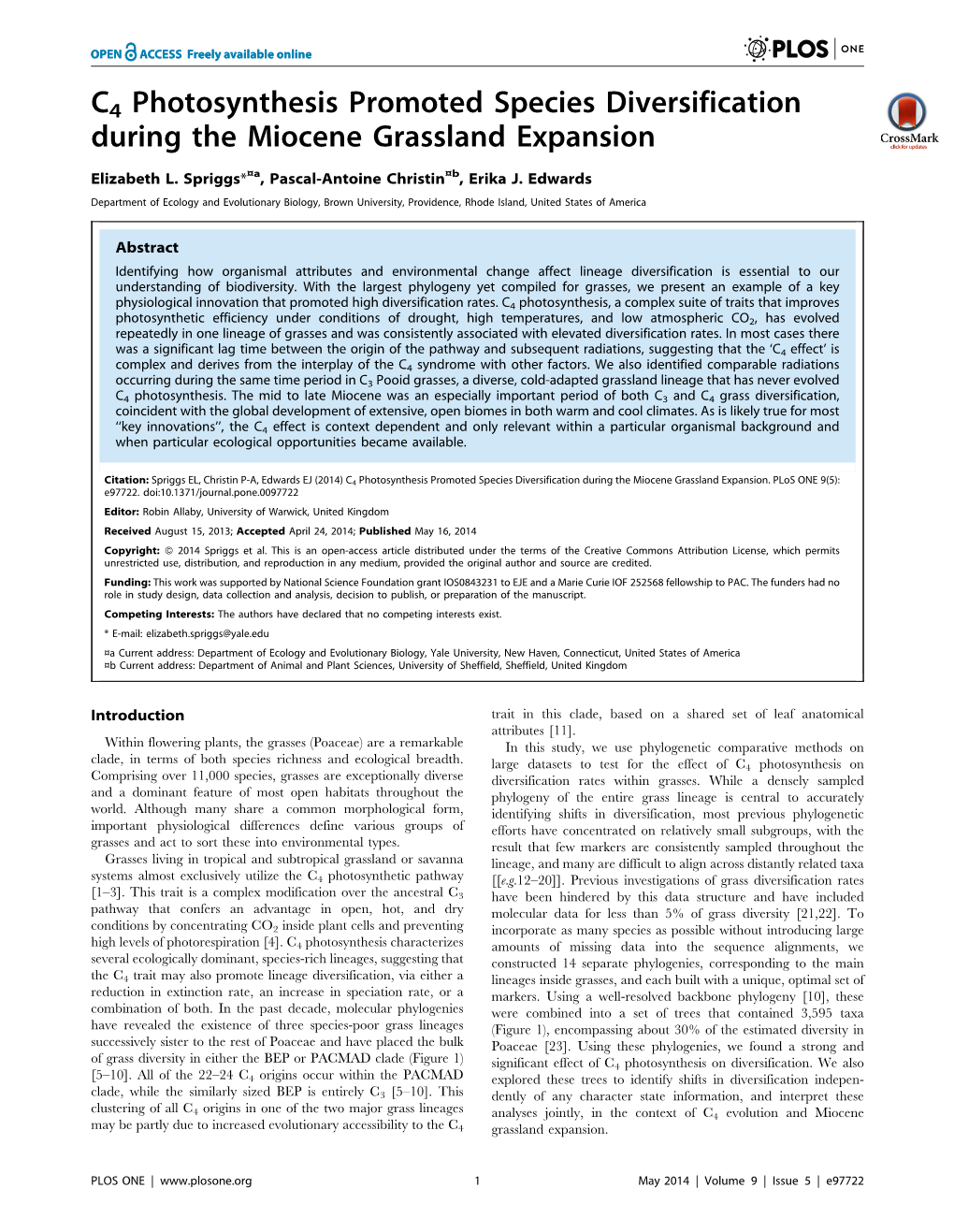 C4 Photosynthesis Promoted Species Diversification During the Miocene Grassland Expansion