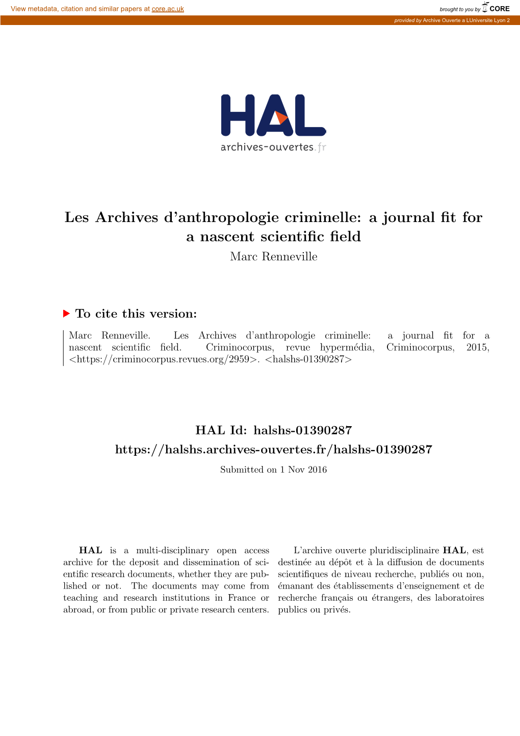 Les Archives D'anthropologie Criminelle: a Journal Fit for A