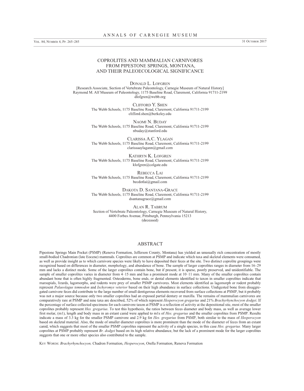 Coprolites and Mammalian Carnivores from Pipestone Springs, Montana, and Their Paleoecological Significance