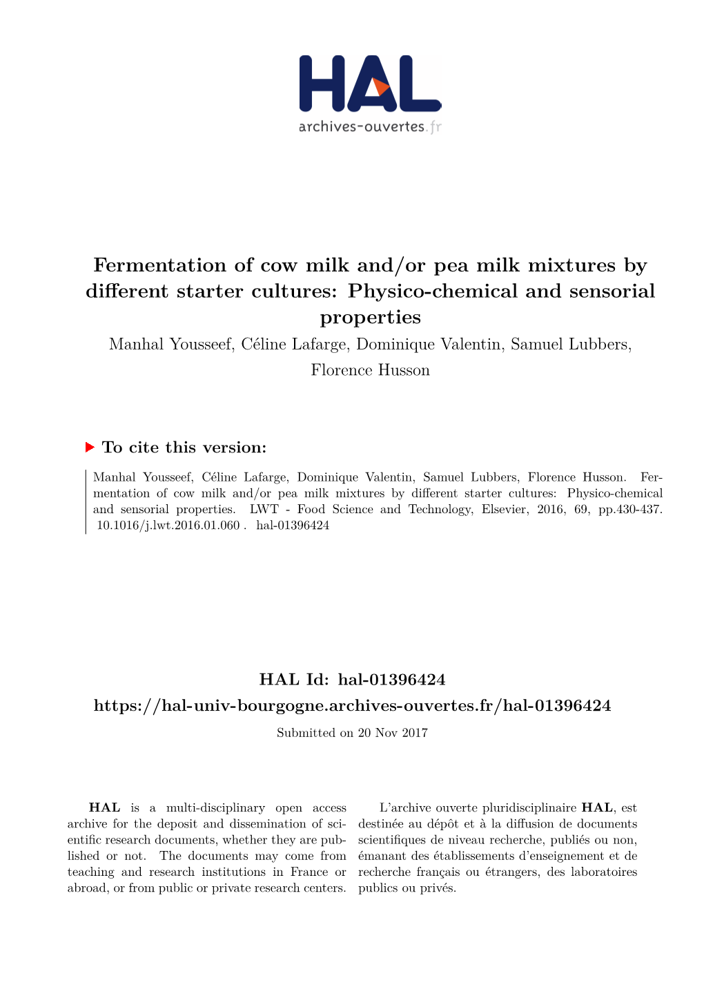 Fermentation of Cow Milk And/Or Pea Milk Mixtures by Different Starter