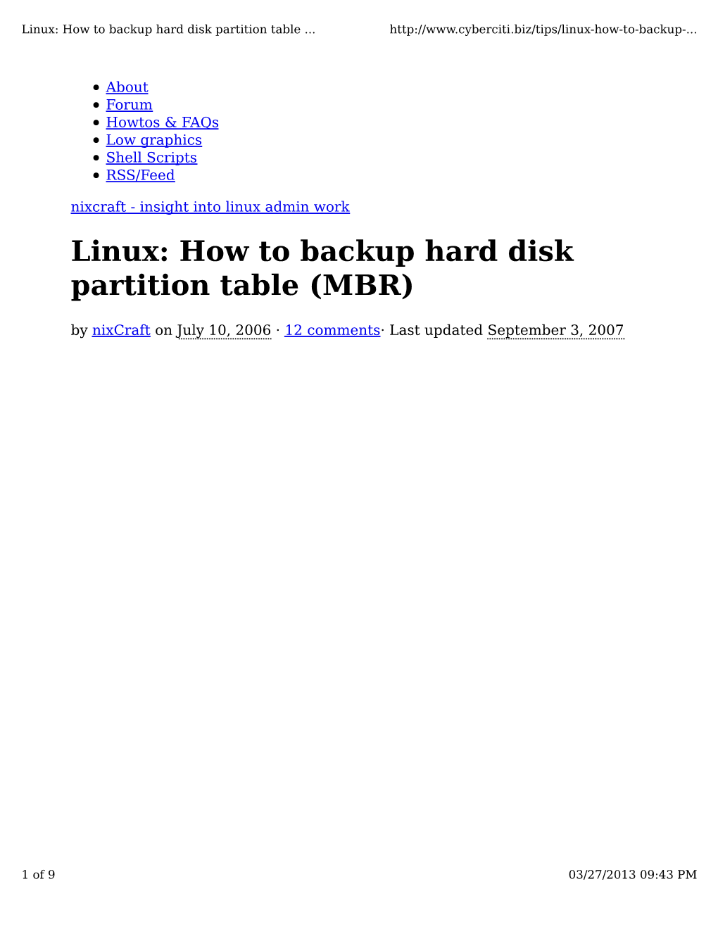 Linux: How to Backup Hard Disk Partition Table (MBR)