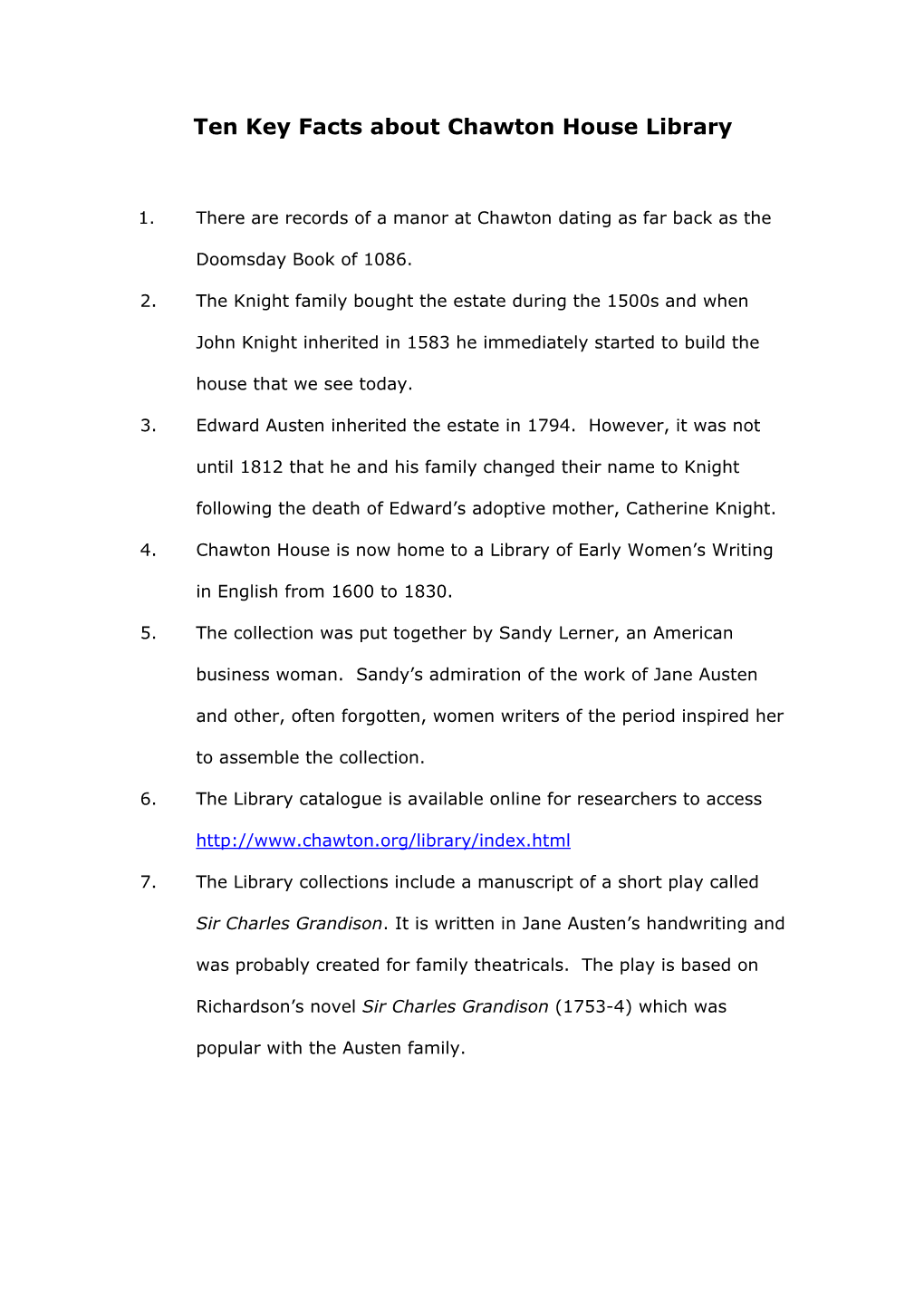 Ten Key Facts About Chawton House Library