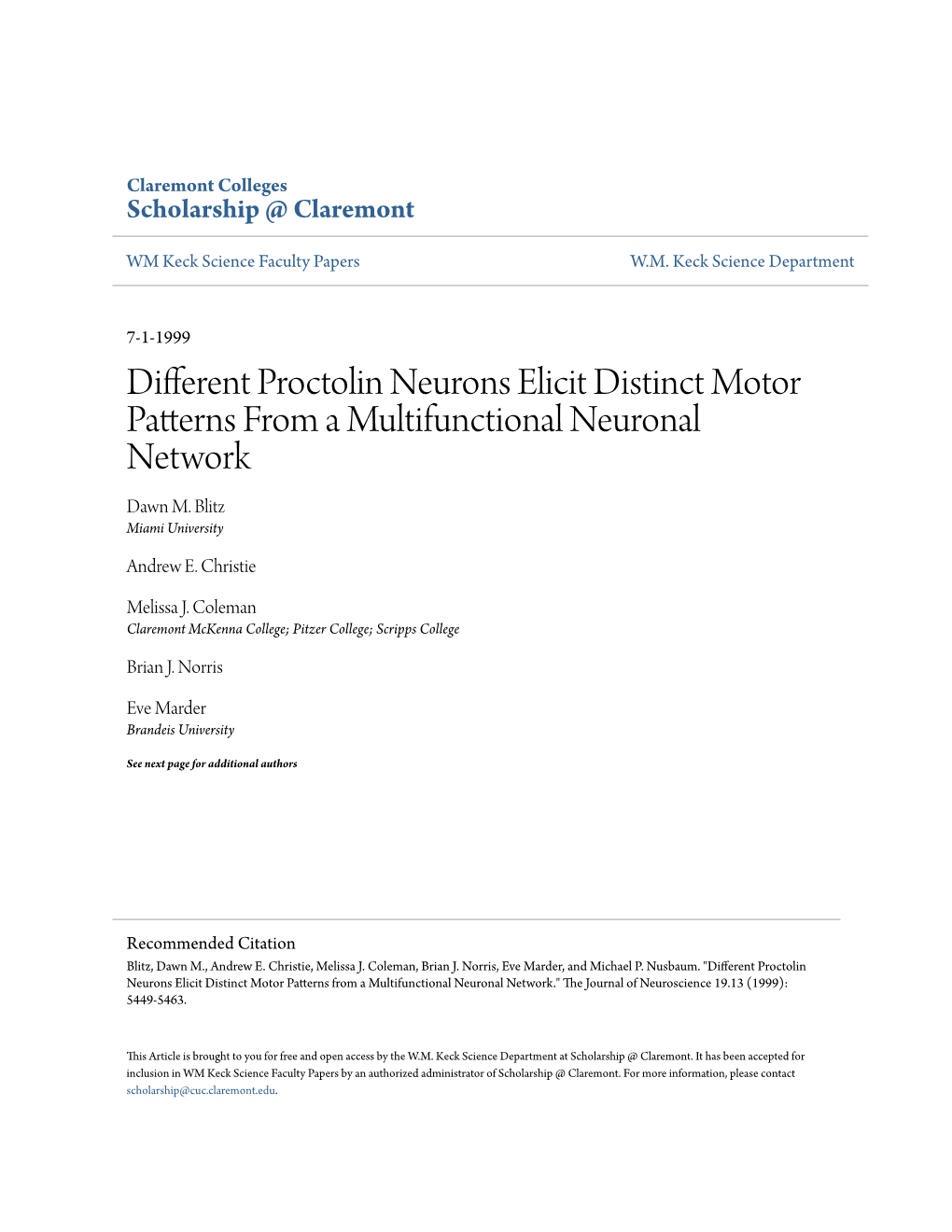 Different Proctolin Neurons Elicit Distinct Motor Patterns from a Multifunctional Neuronal Network Dawn M