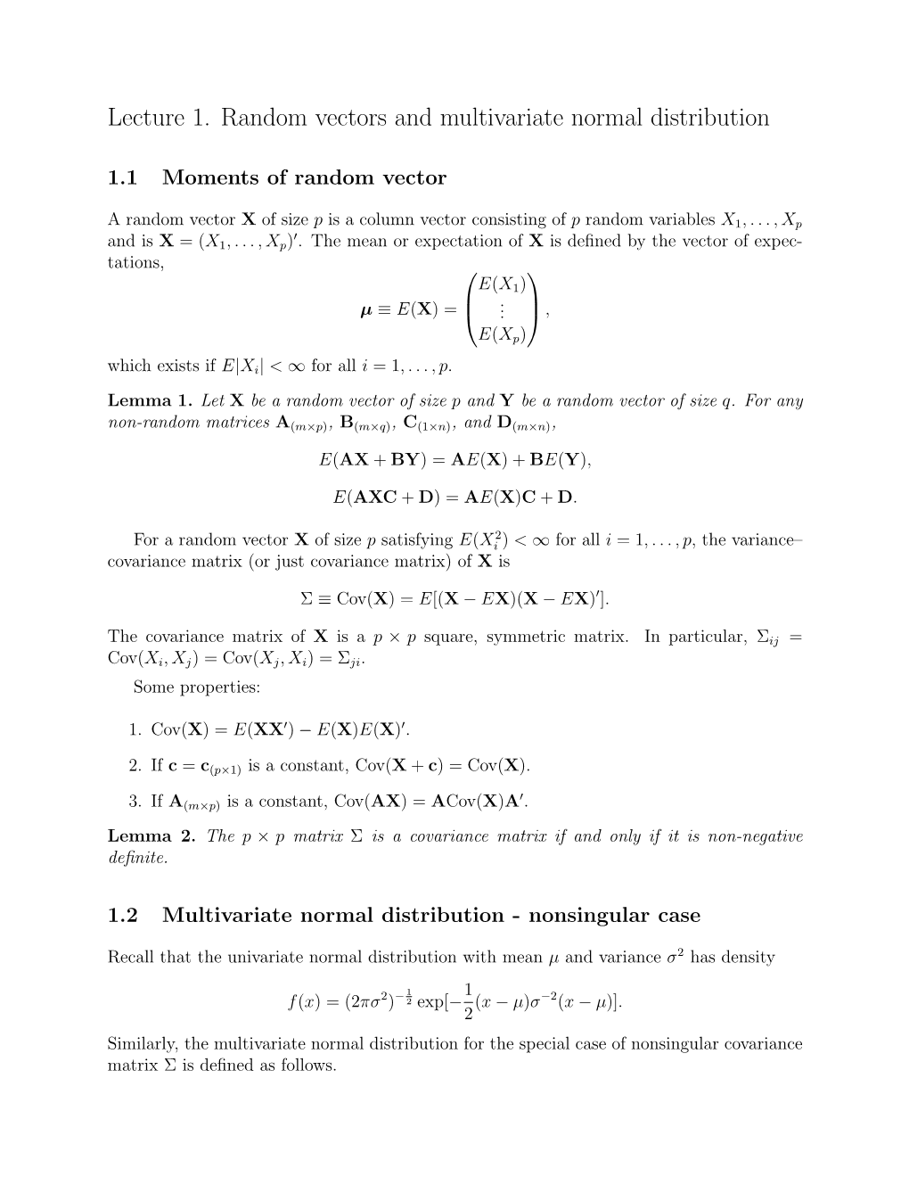 Lecture 1. Random Vectors and Multivariate Normal Distribution