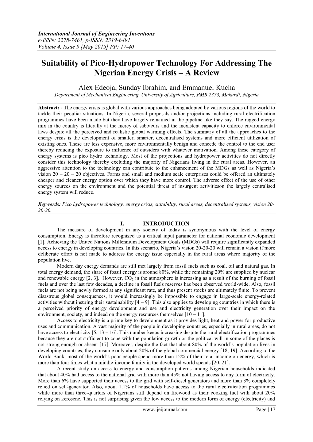 Suitability of Pico-Hydropower Technology for Addressing the Nigerian Energy Crisis – a Review