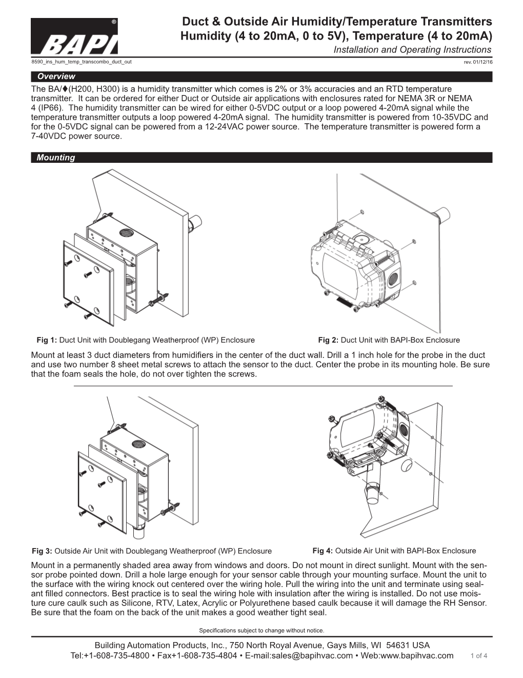 Duct & Outside Air Humidity/Temperature Transmitters