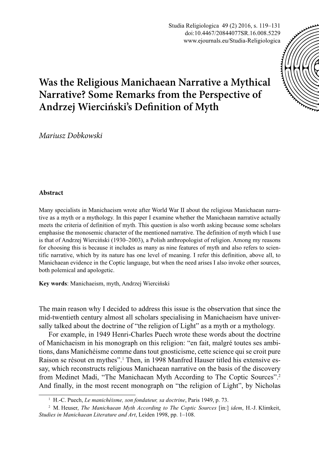 Was the Religious Manichaean Narrative a Mythical Narrative? Some Remarks from the Perspective of Andrzej Wierciński’S Definition of Myth