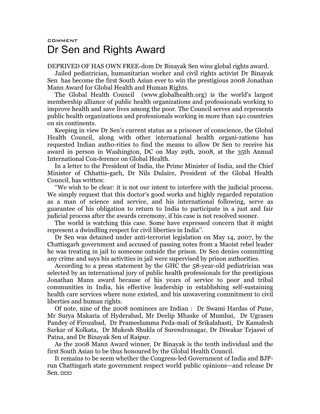 Dr Sen and Rights Award