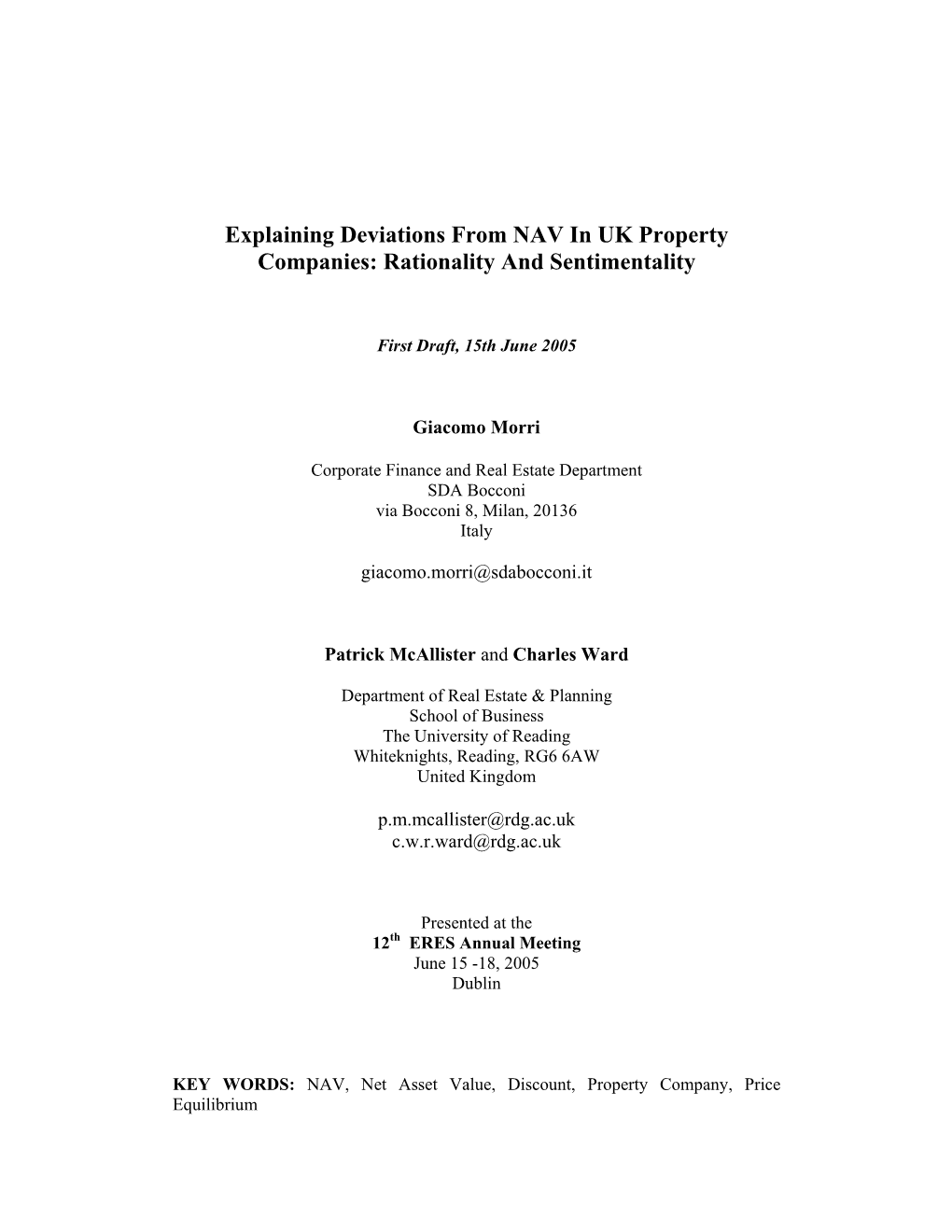 Explaining Deviations from NAV in UK Property Companies: Rationality and Sentimentality