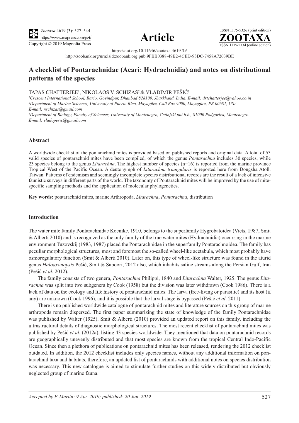 A Checklist of Pontarachnidae (Acari: Hydrachnidia) and Notes on Distributional Patterns of the Species