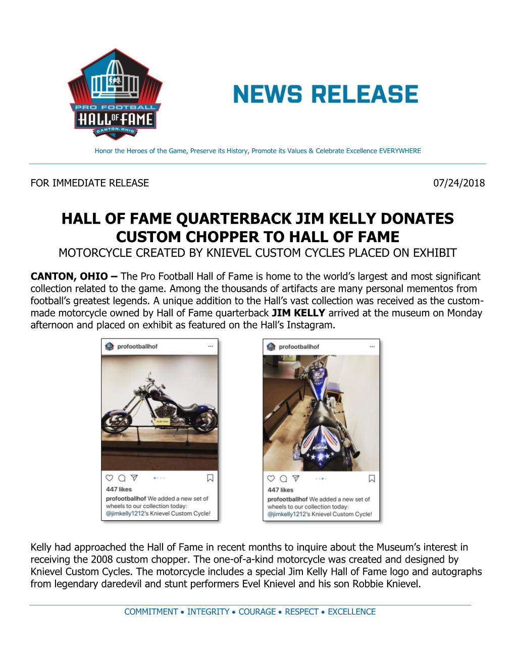 Hall of Fame Quarterback Jim Kelly Donates Custom Chopper to Hall of Fame Motorcycle Created by Knievel Custom Cycles Placed on Exhibit