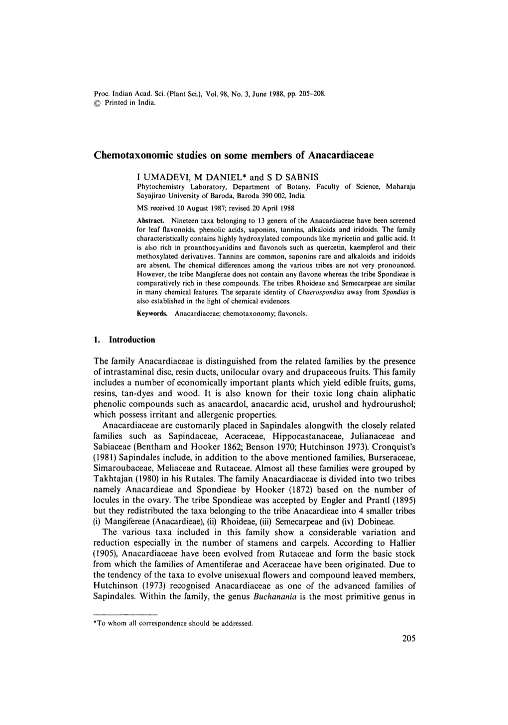 Chemotaxonomic Studies on Some Members of Anacardiaceae