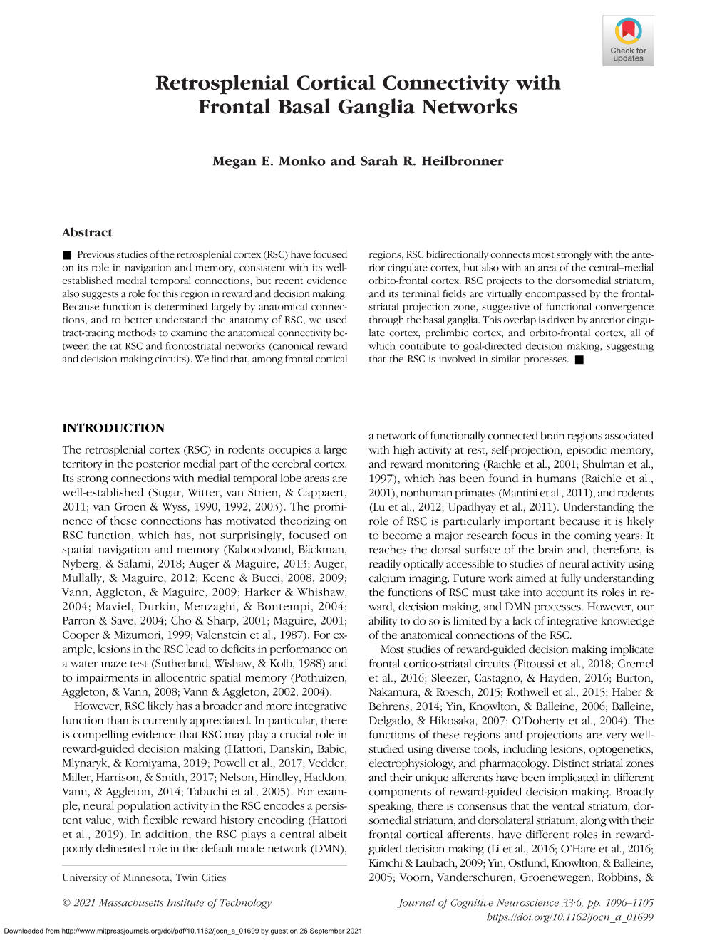 Retrosplenial Cortical Connectivity with Frontal Basal Ganglia Networks