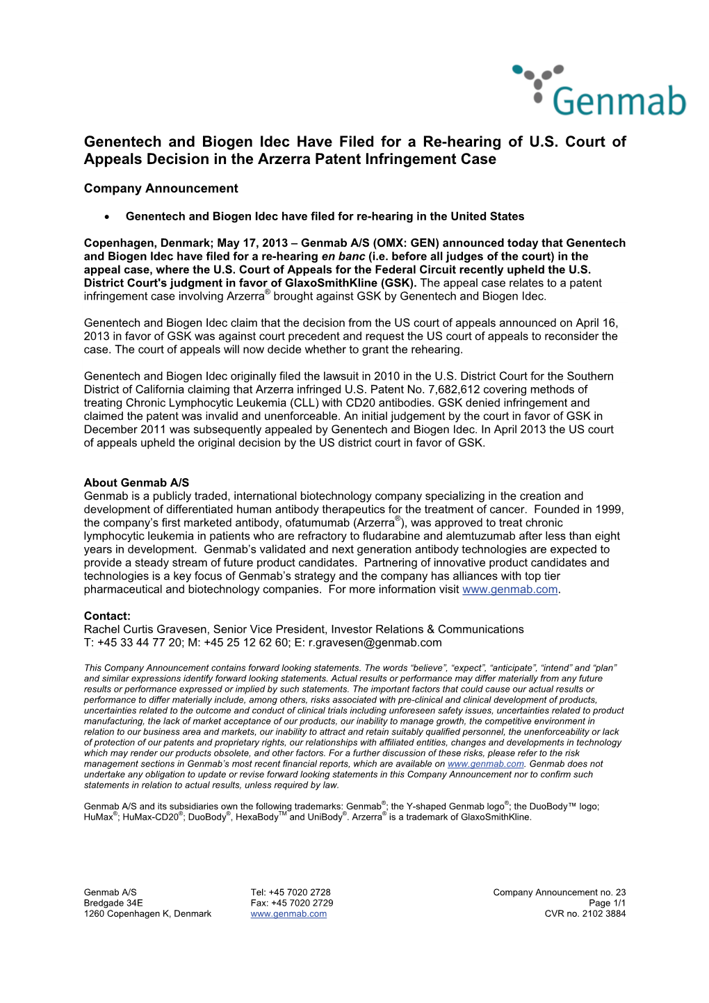 Genentech and Biogen Idec Have Filed for a Re-Hearing of U.S. Court of Appeals Decision in the Arzerra Patent Infringement Case