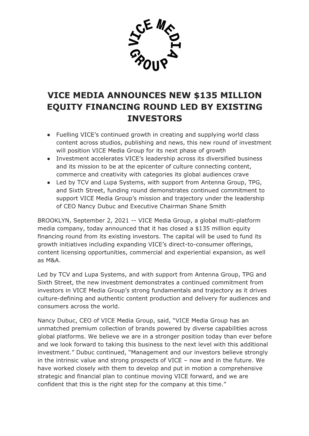 Vice Media Announces New $135 Million Equity Financing Round Led by Existing Investors