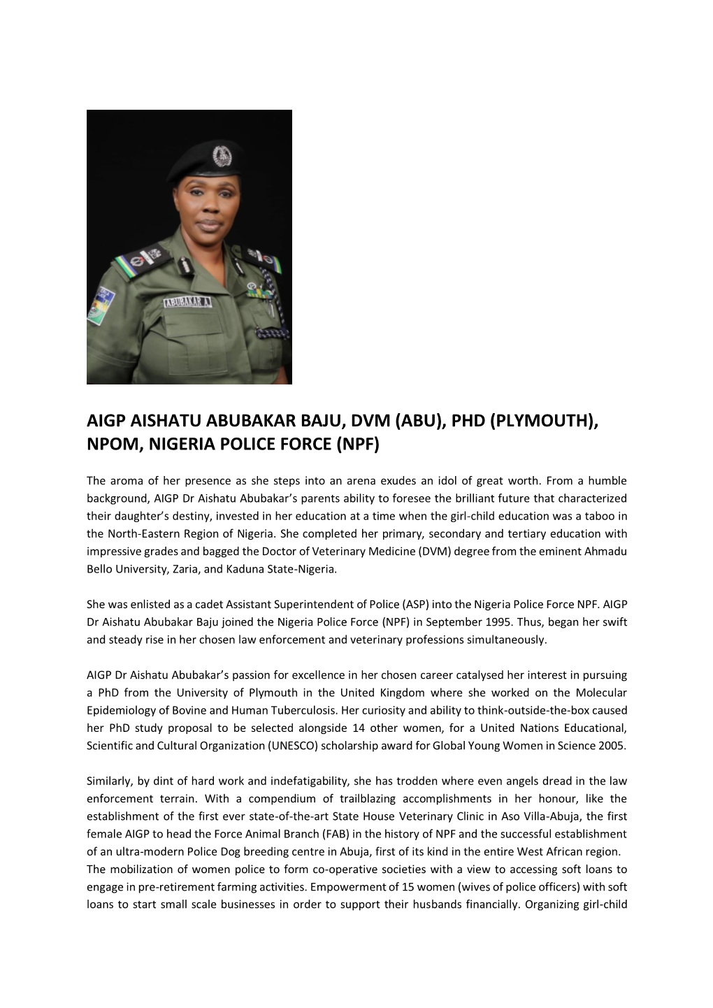 Aigp Aishatu Abubakar Baju, Dvm (Abu), Phd (Plymouth), Npom, Nigeria Police Force (Npf)