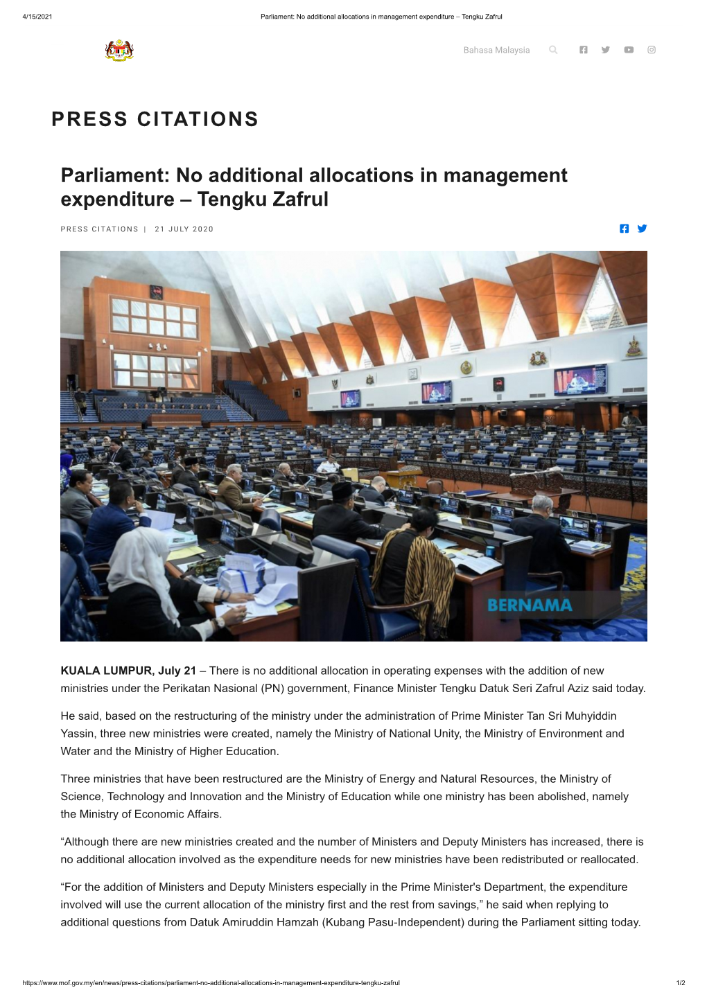 PRESS CITATIONS Parliament: No Additional Allocations in Management Expenditure – Tengku Zafrul
