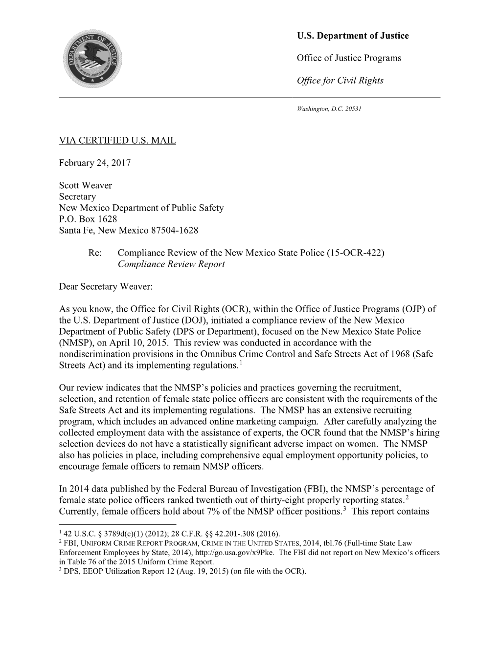 Compliance Review of the New Mexico State Police (15-OCR-422) Compliance Review Report