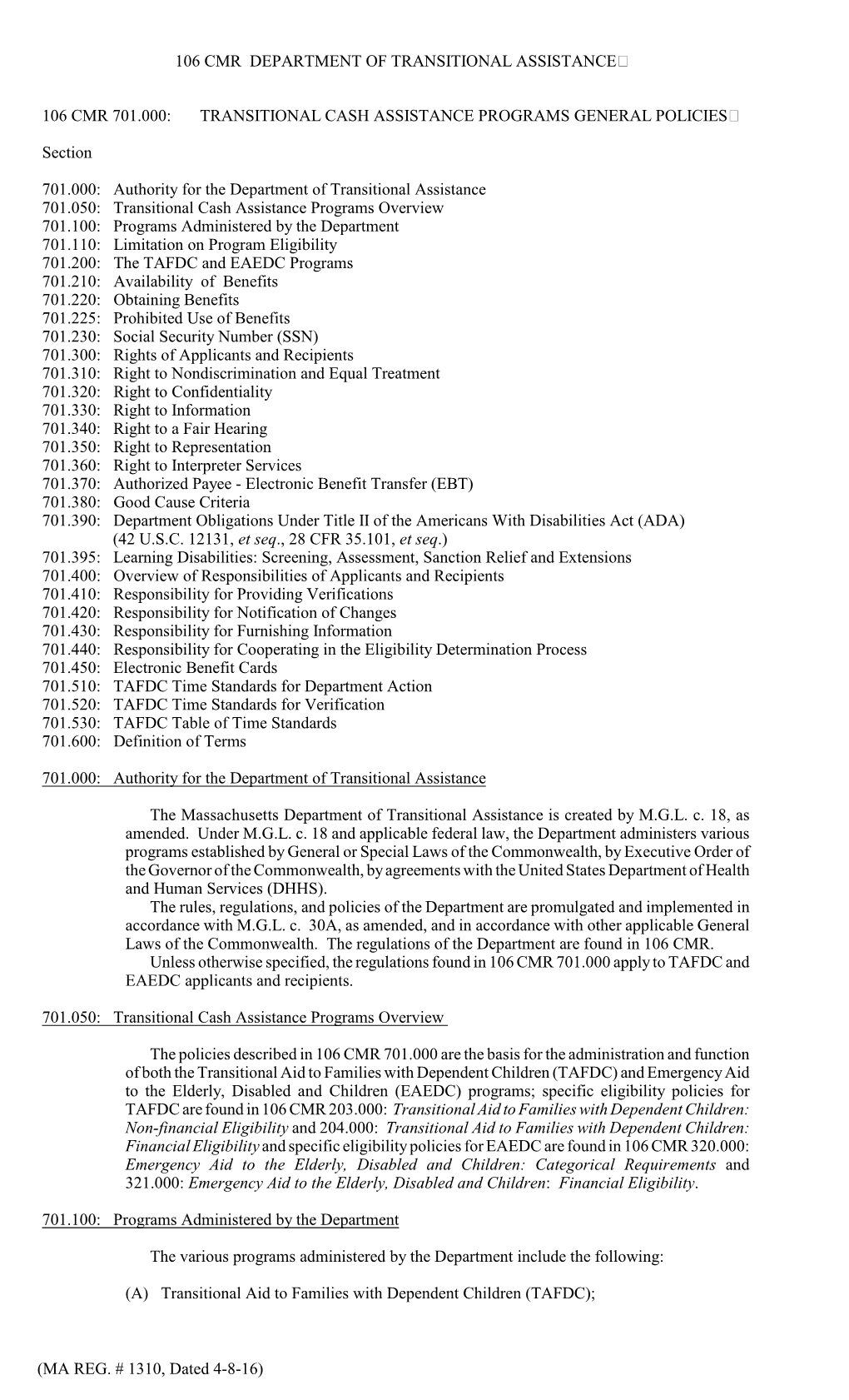 106 Cmr Department of Transitional Assistance