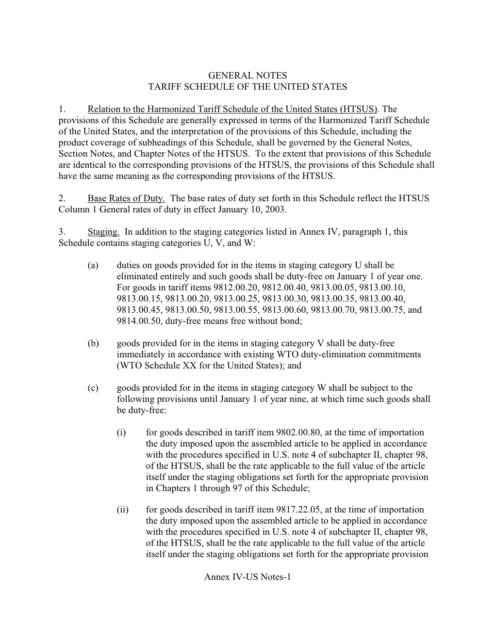 U.S. General Notes and Annex 1 to U.S. General Notes