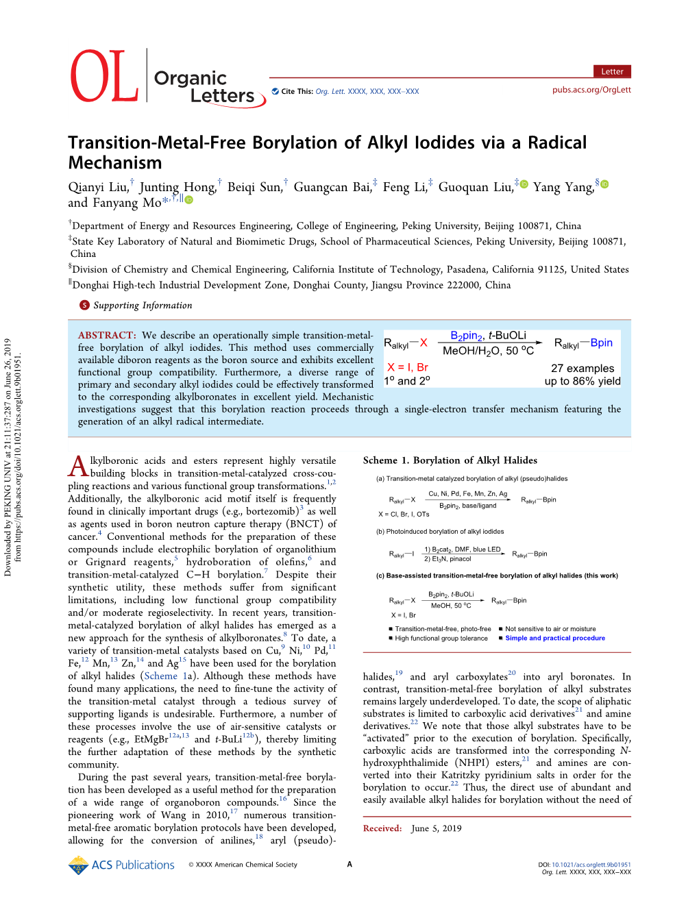 Transition-Metal-Free Borylation of Alkyl Iodides Via a Radical