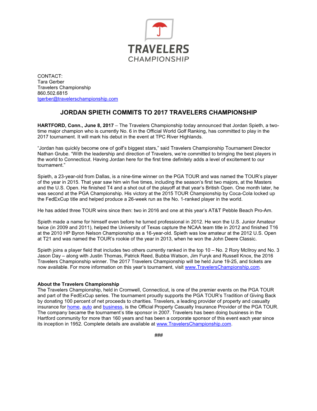 Jordan Spieth Commits to 2017 Travelers Championship