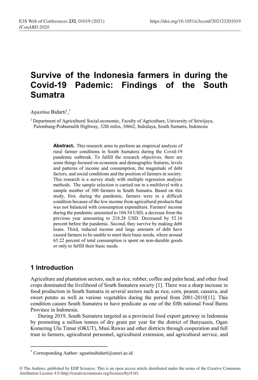 Survive of the Indonesia Farmers in During the Covid-19 Pademic: Findings of the South Sumatra