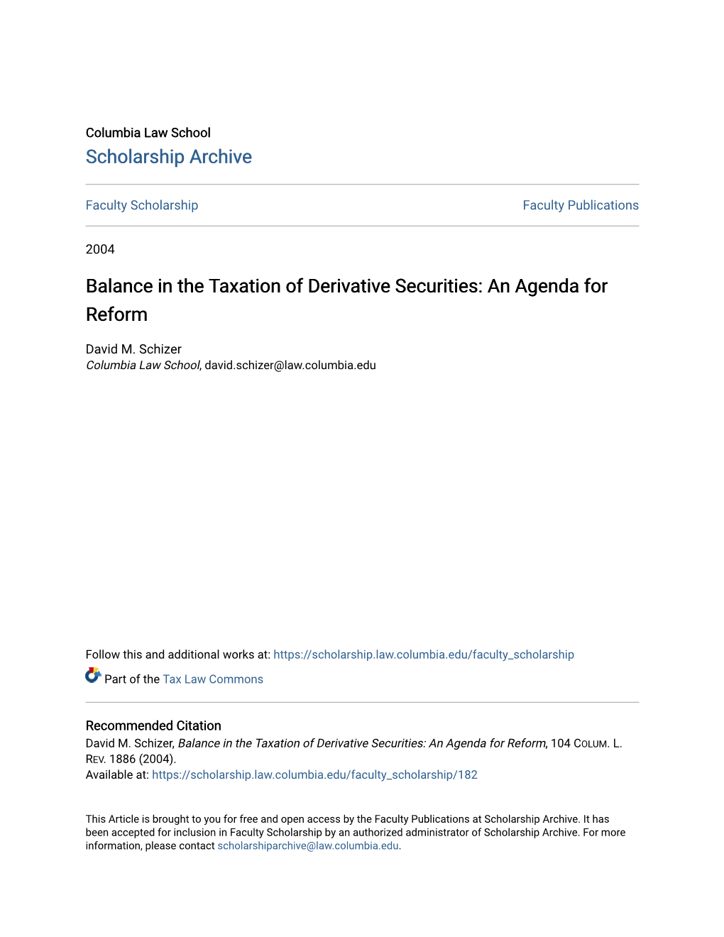 Balance in the Taxation of Derivative Securities: an Agenda for Reform