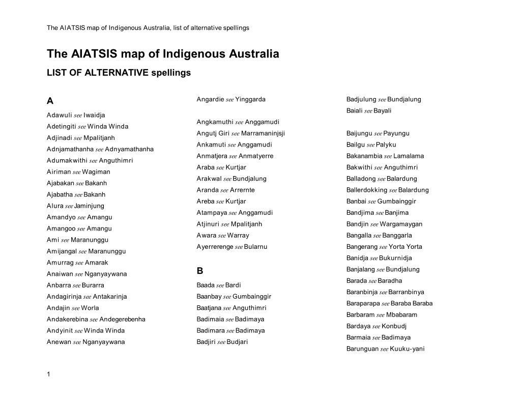 The AIATSIS Map of Indigenous Australia, List of Alternative Spellings
