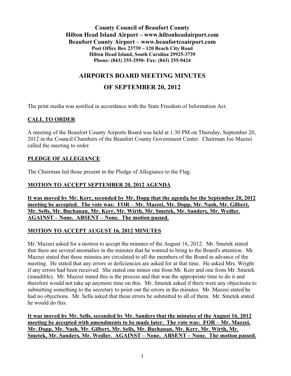 Airports Board Meeting Minutes of September 20, 2012