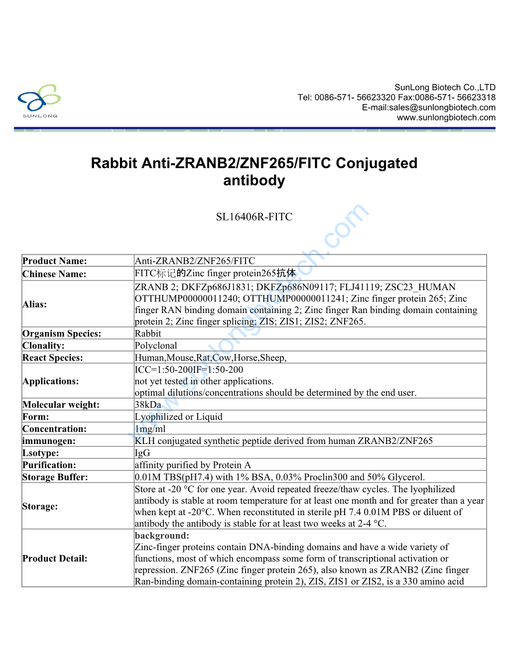Rabbit Anti-ZRANB2/ZNF265/FITC Conjugated Antibody