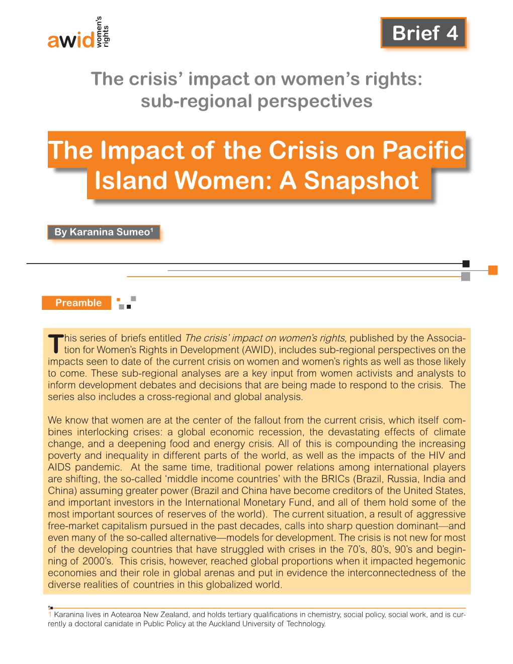 The Impact of the Crisis on Pacific Island Women: a Snapshot