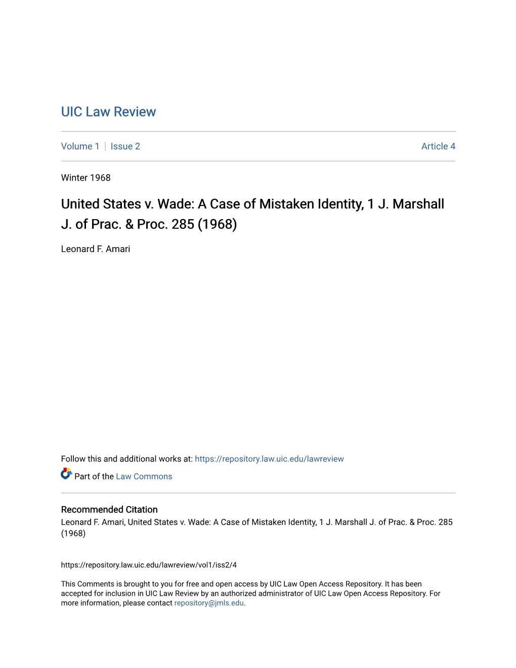 United States V. Wade: a Case of Mistaken Identity, 1 J. Marshall J. of Prac