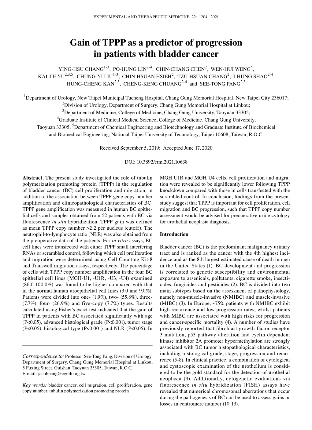 Gain of TPPP As a Predictor of Progression in Patients with Bladder Cancer