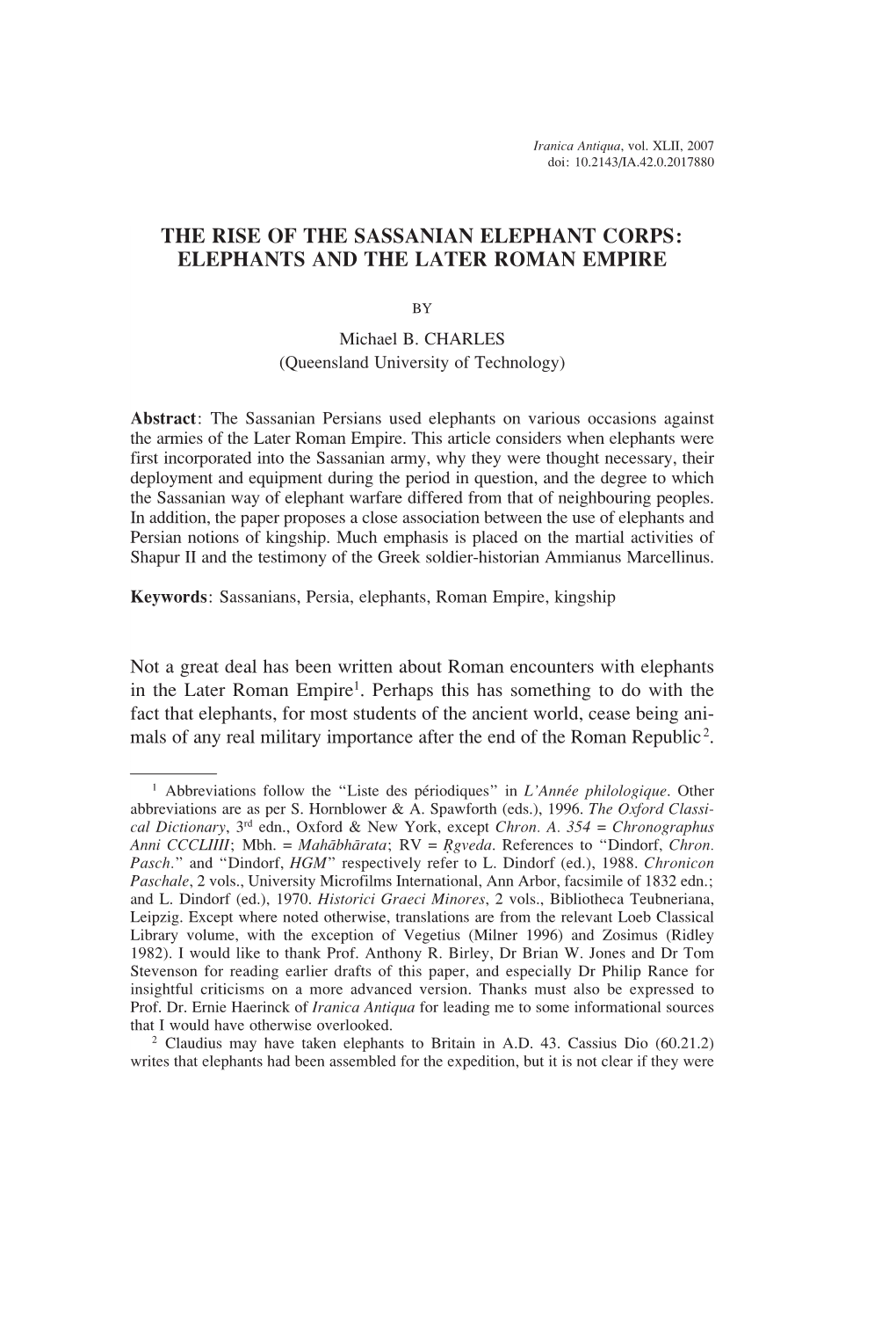 The Rise of the Sassanian Elephant Corps: Elephants and the Later Roman Empire