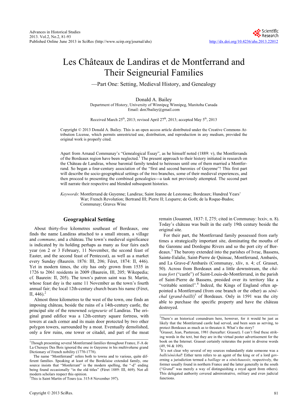 Les Châteaux De Landiras Et De Montferrand and Their Seigneurial Families —Part One: Setting, Medieval History, and Genealogy