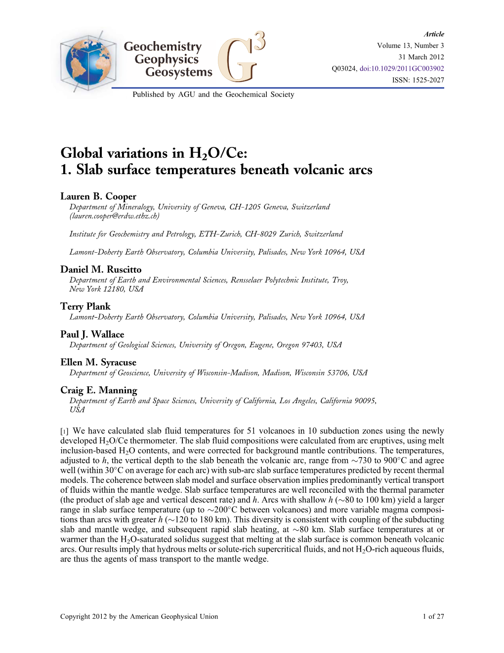 1. Slab Surface Temperatures Beneath Volcanic Arcs