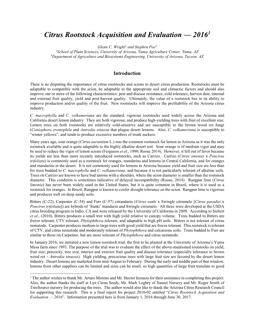 Citrus Rootstock Acquisition and Evaluation — 20161