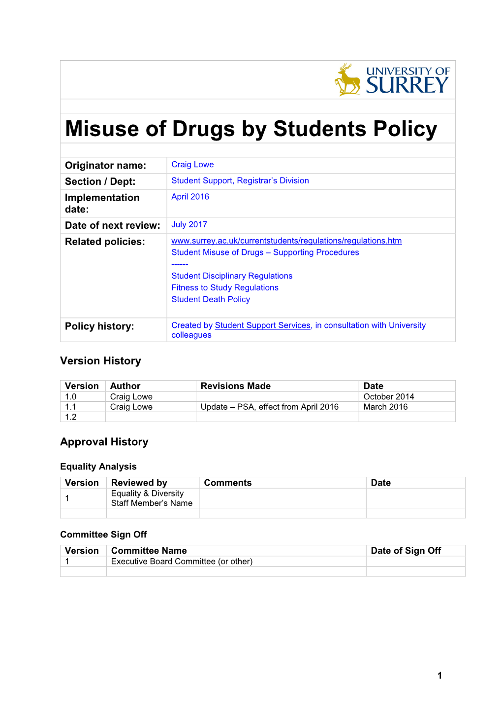 Misuse of Drugs by Students Policy