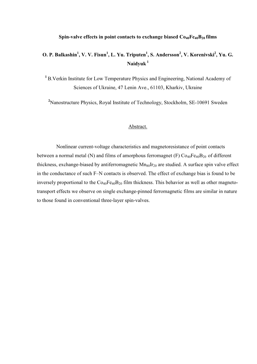 Exchange Bias of Mnir/Cofeb-Based Surface Spin Valves