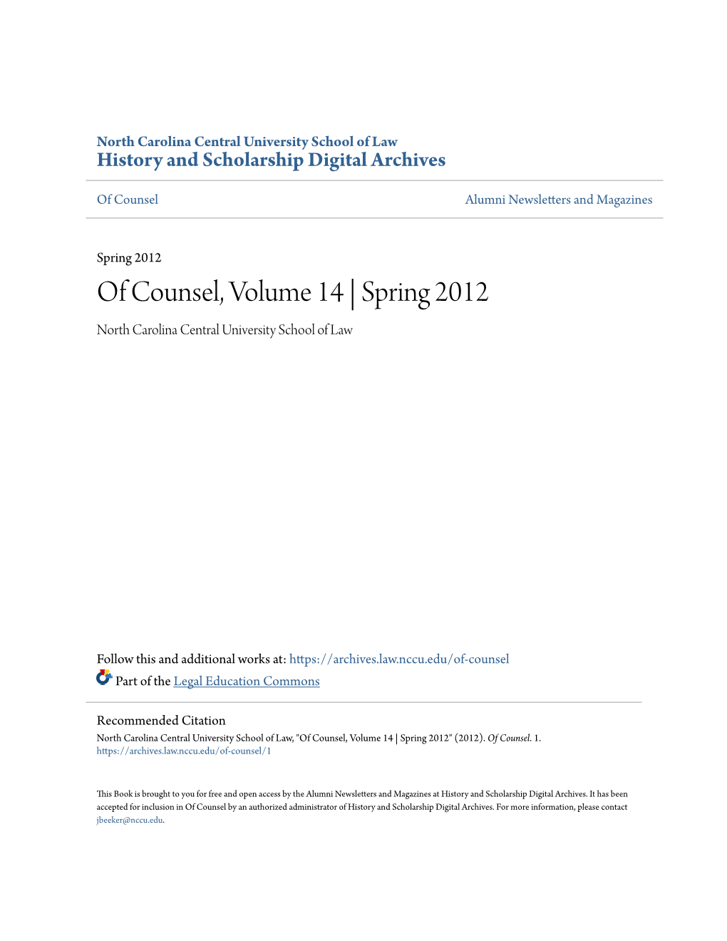 Of Counsel, Volume 14 | Spring 2012 North Carolina Central University School of Law