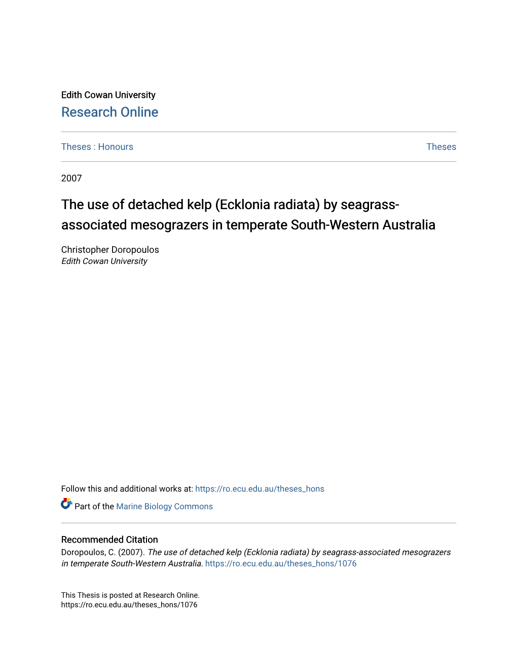 Ecklonia Radiata) by Seagrass- Associated Mesograzers in Temperate South-Western Australia