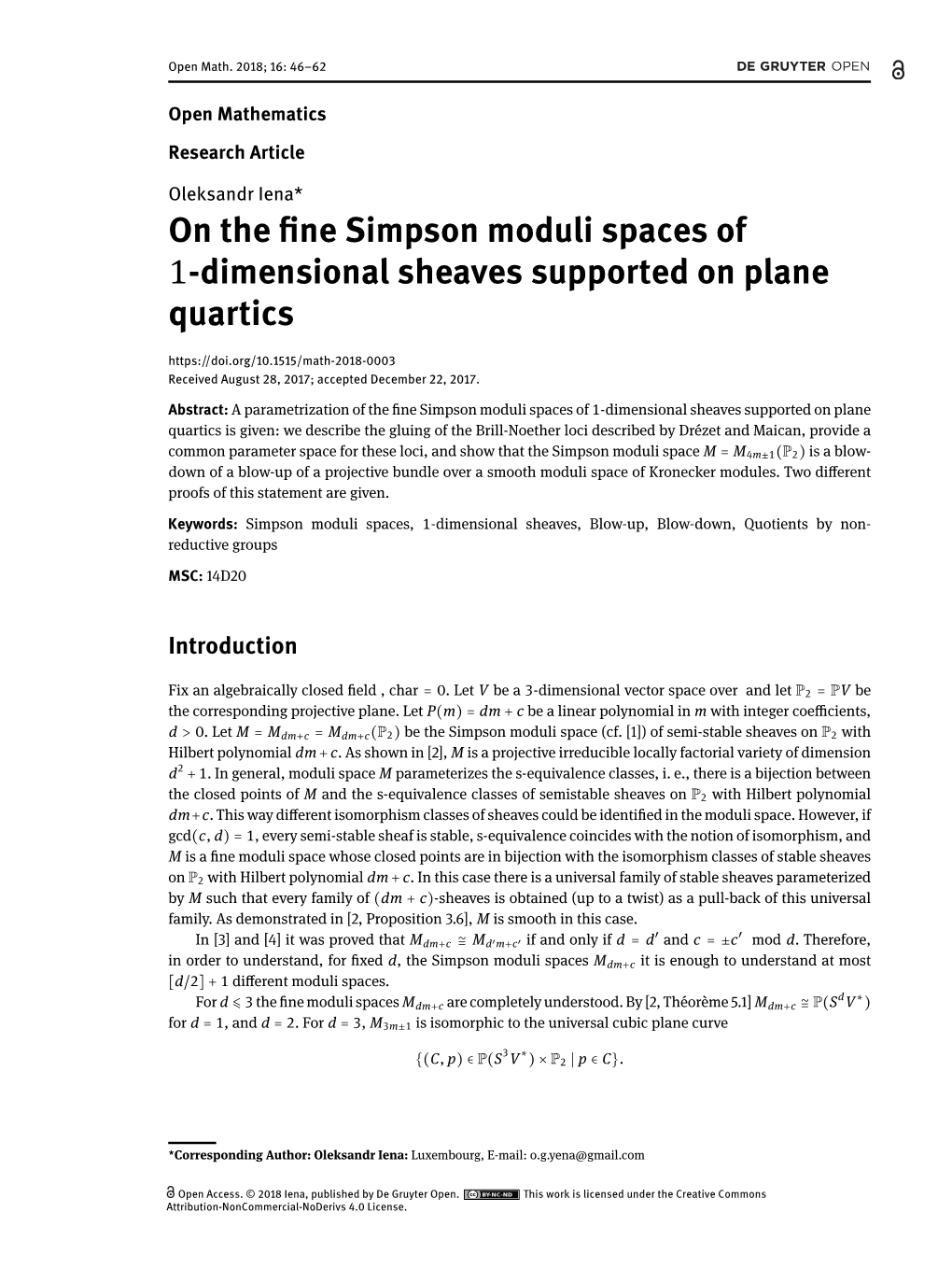 Dimensional Sheaves Supported on Plane Quartics Received August 28, 2017; Accepted December 22, 2017