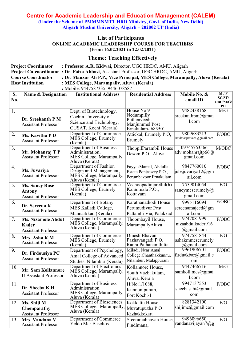 List of Participants Theme