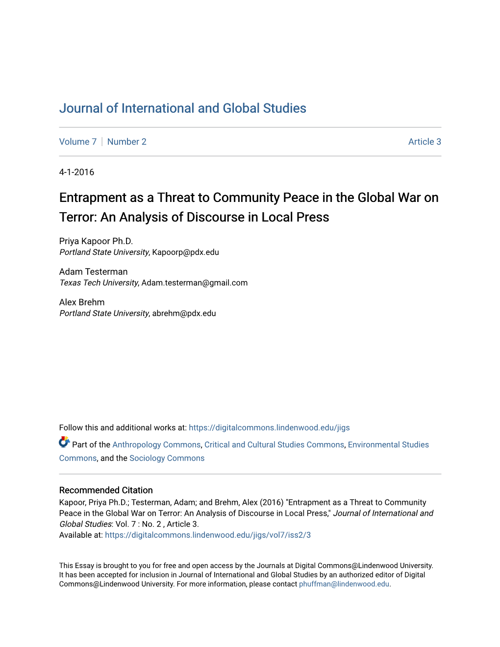 Entrapment As a Threat to Community Peace in the Global War on Terror: an Analysis of Discourse in Local Press